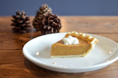 closeup photo of sliced pie on white ceramic saucer pumpkin pie google meet background