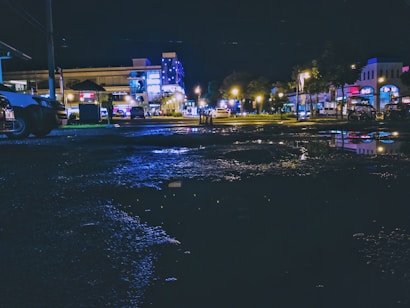 A nighttime cityscape with wet pavement reflecting artificial lights from buildings and street lamps. The scene includes parked cars and illuminated storefronts, creating a vibrant urban atmosphere.