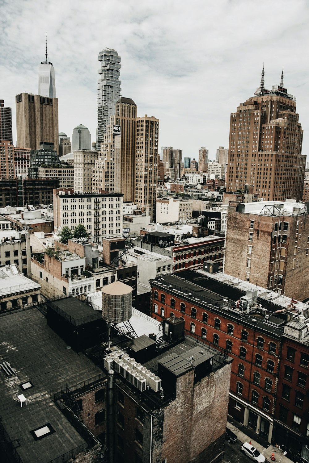 aerial view of city with high rise buildings