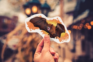 A hand holds a sticker with an image of a cartoon bat in front of a blurred background featuring lights and what appears to be a street scene. The bat has its wings spread and its mouth open, surrounded by orange and brown splashes.