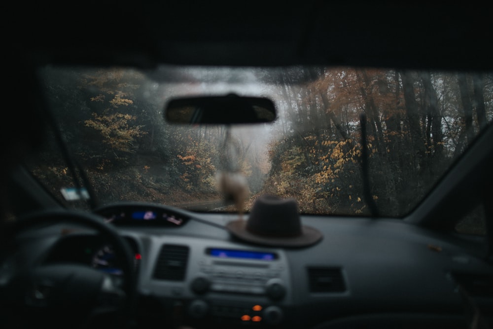 interior photo of brown hat on vehicle's dashboard