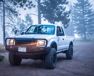 white and black Toyota vehicle parked near green trees