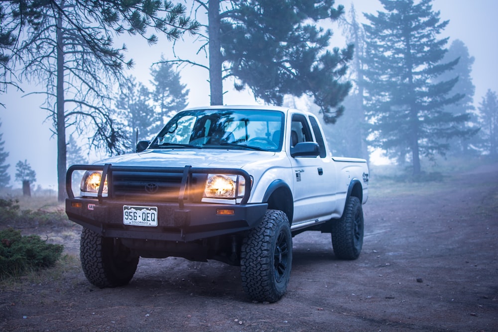 white and black Toyota vehicle parked near green trees