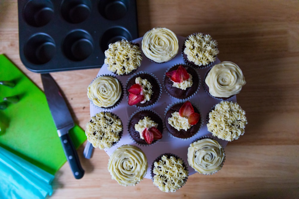 round purple and white cupcakes