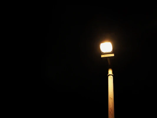 An elegant black light pole illuminating a quiet street at dusk.
