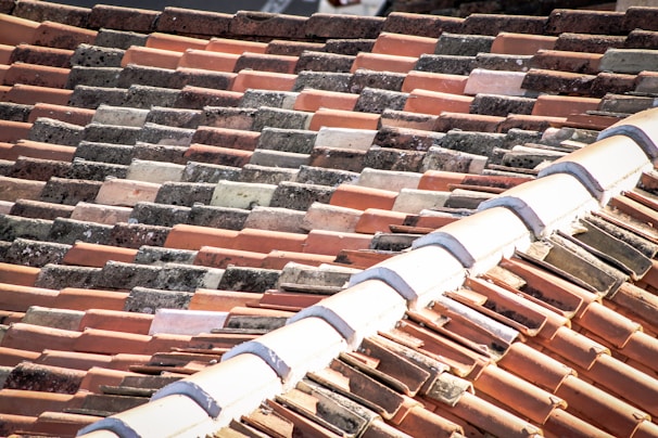 A close-up view of a rooftop covered with variously colored clay tiles. The tiles are arranged in a staggered pattern, showing signs of weathering and age. The roof has a ridge with a lighter, curved tile line running across the top.