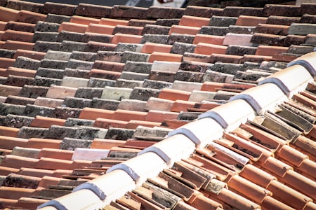 A close-up view of a rooftop covered with variously colored clay tiles. The tiles are arranged in a staggered pattern, showing signs of weathering and age. The roof has a ridge with a lighter, curved tile line running across the top.