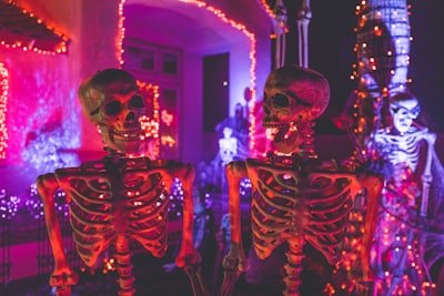 two skeleton near white concrete building with string lights at daytime day of the dead teams background