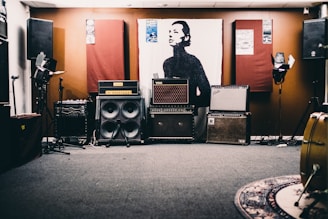 black PA speakers inside room