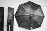 Black and white photography equipment setup featuring a large octagonal softbox and two rectangular softboxes against a brick wall. Lighting stands and wires are visible.