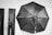 Black and white photography equipment setup featuring a large octagonal softbox and two rectangular softboxes against a brick wall. Lighting stands and wires are visible.