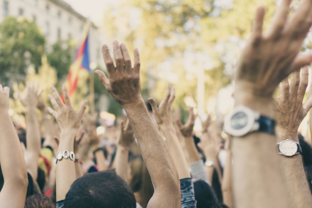 group of people raising their hands