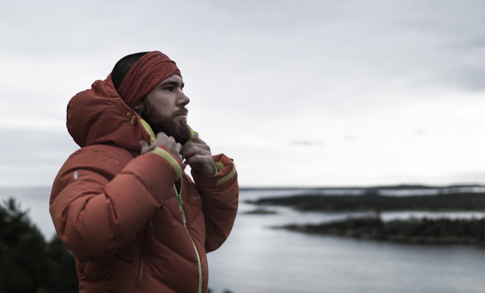 woman in red hoodie and red knit cap