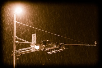 A moody shot of a Japanese street sign flickering in the rain with neon reflections.