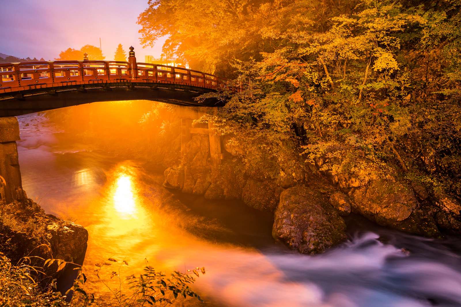 The historic Shinkyo bridge in Nikko at golden hour