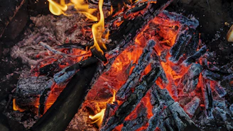 Golden embers glowing softly in a dark firepit, hinting at stories and warmth shared.