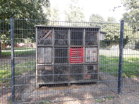 A large wooden structure resembling an insect hotel is enclosed within a metal fence. The structure is divided into several compartments filled with various natural materials like wood, twigs, and logs. It stands on a small area of soil surrounded by grass and trees in the background.