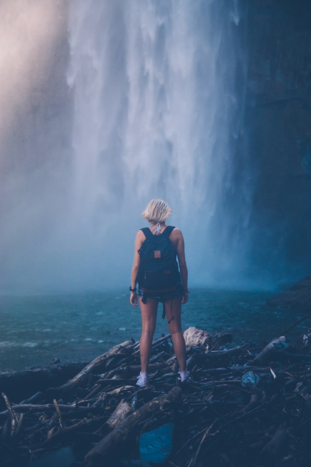 Frau steht auf Baumstämmen und schaut auf die Wasserfälle
