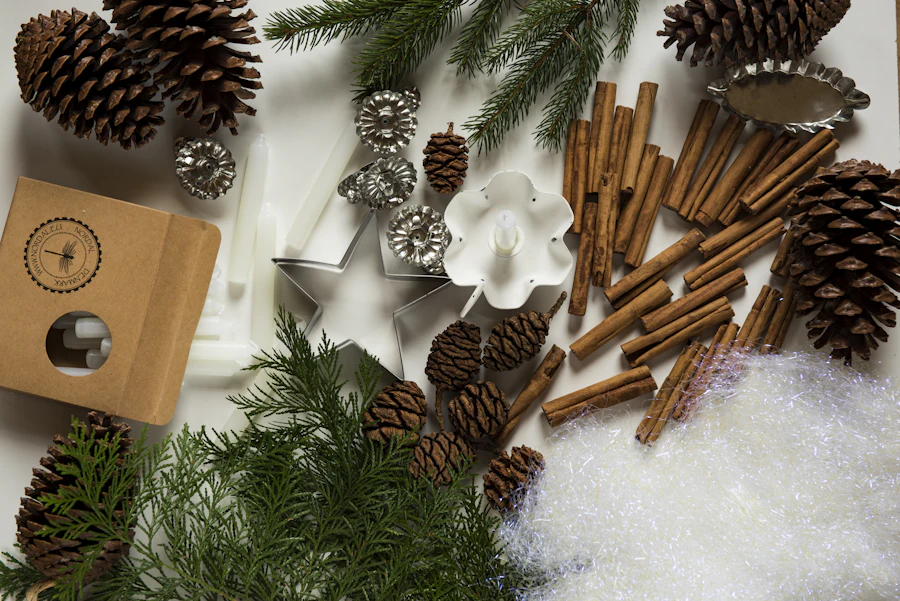 Pine branches and ornaments laid out on a table