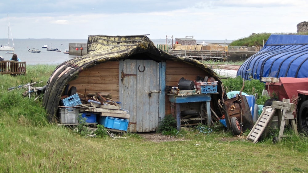 gray and brown wooden shed