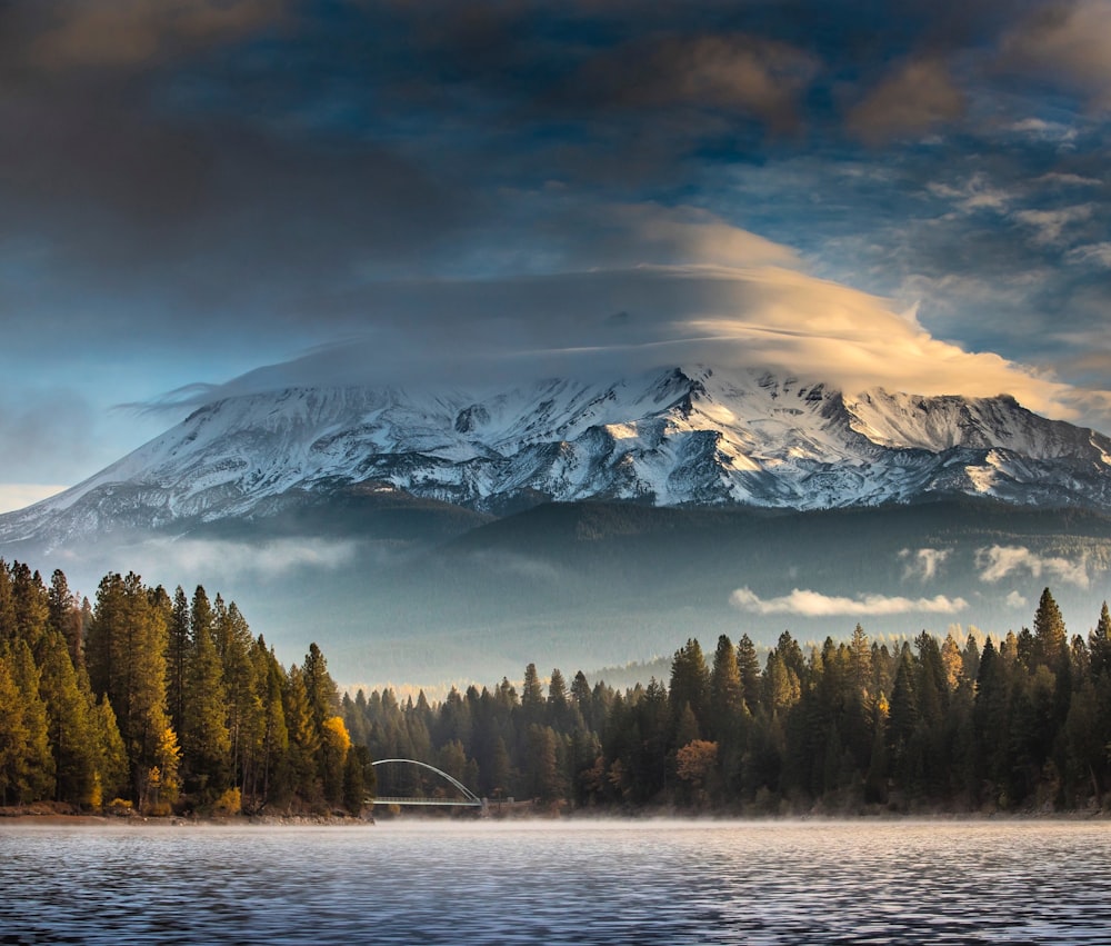 landscape photography of trees and body of water near snow covered mountain at daytime