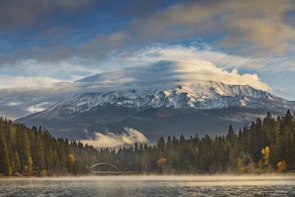 snow covered mountain surrounded by pine trees