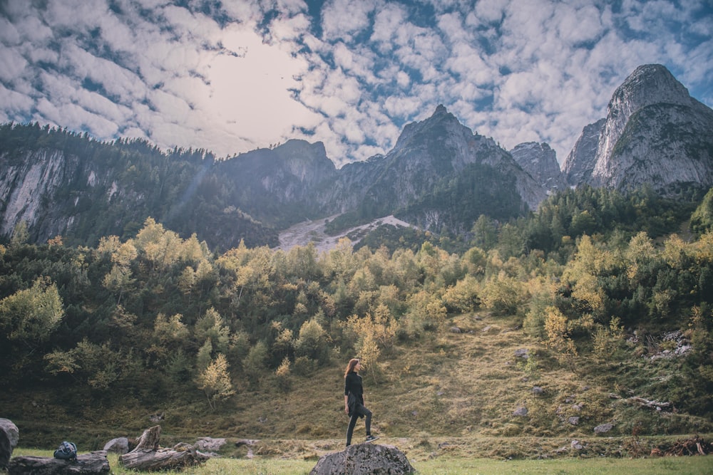 woman standing on rock formation looking at fields