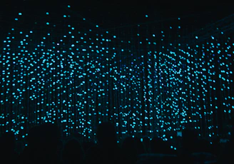 A mesmerizing display of numerous small, bright, blue lights hanging in a grid-like formation against a dark background, creating an immersive and enchanting visual effect. The silhouettes of several people in the foreground indicate an audience observing the installation.