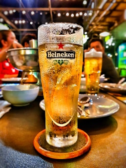 A selection of premium Heineken beers displayed on a table.