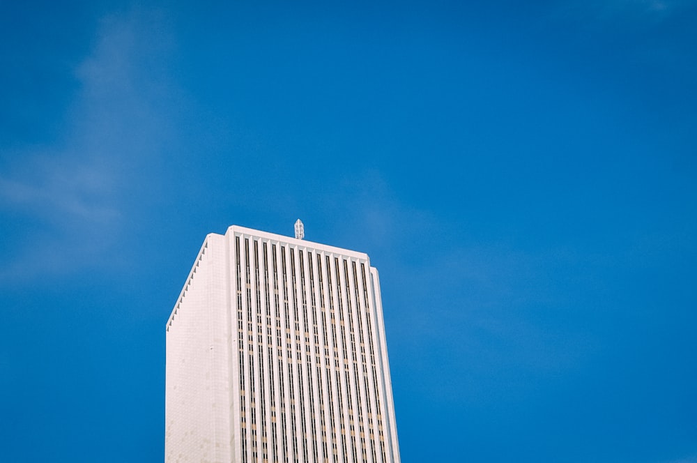 푸른 하늘 아래 흰색 고층 건물의 낮은 각도 사진
