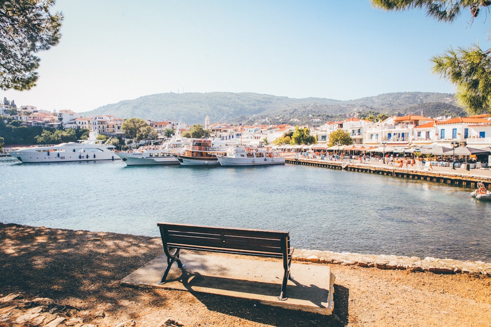 brown wooden bench near body of water during daytime