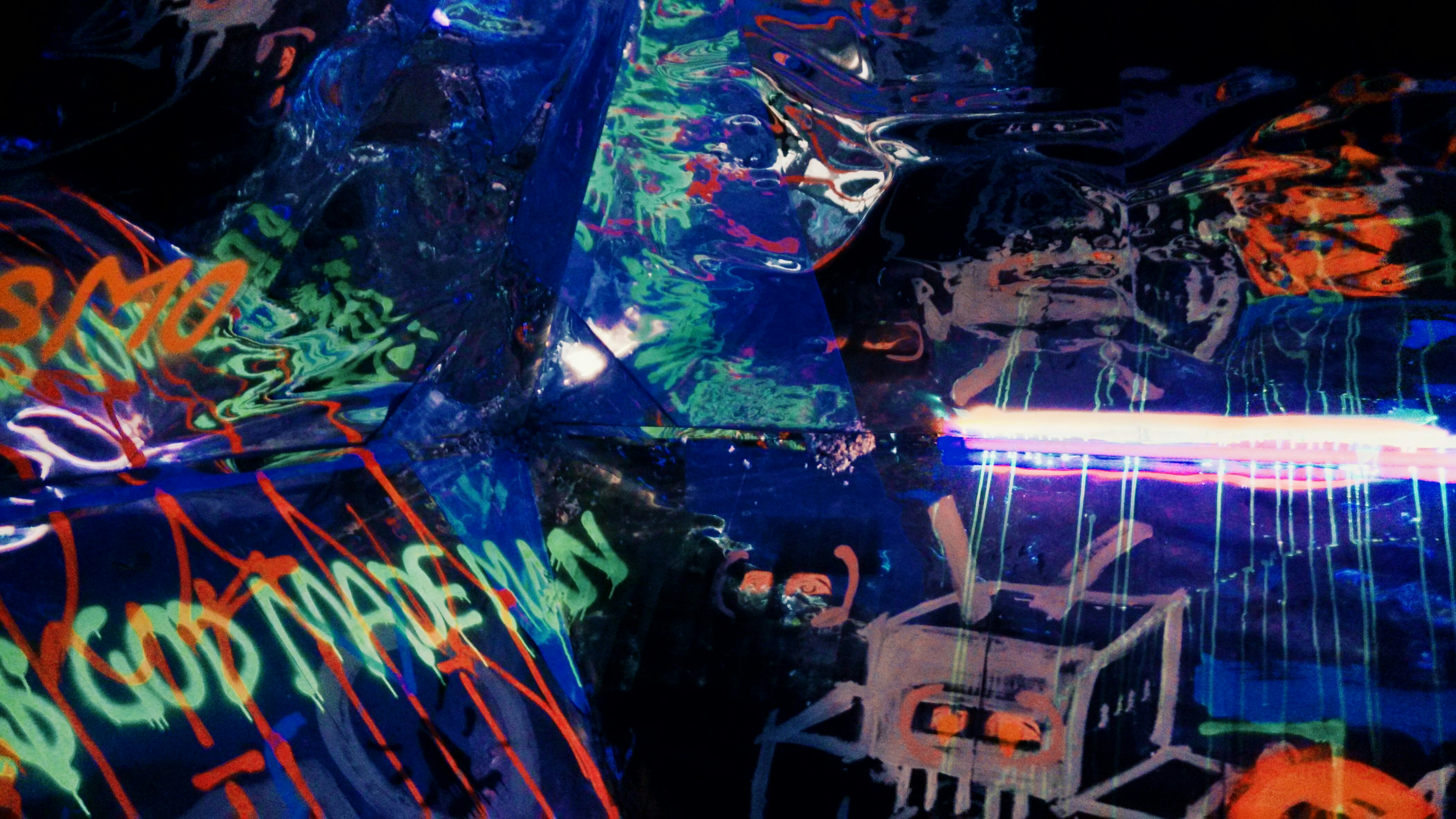 Urban graffiti-influenced abstract artwork with dark atmospheric background