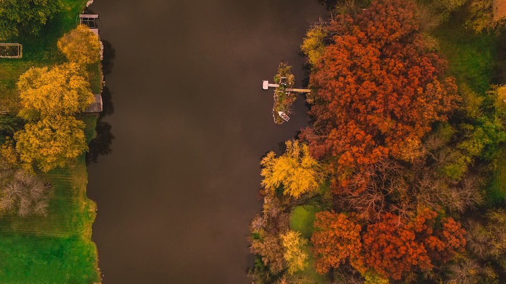 islet on river with docks surrounded by orange and yellow trees aerial photography