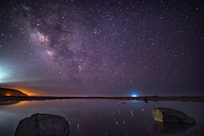 A starry night sky over a calm ocean reflecting the Milky Way