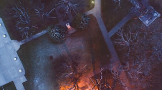 A panoramic view of a community park development with pathways and lighting.