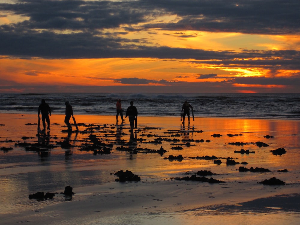 silhouette di persone che camminano sulla spiaggia durante il giorno