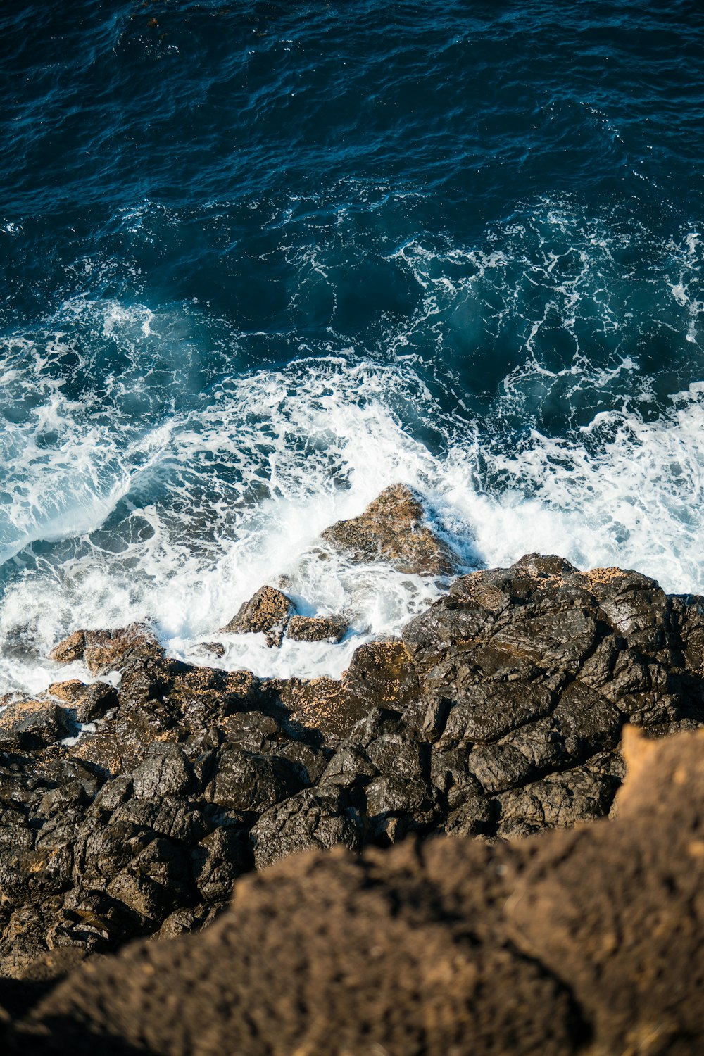 top-angle photo of rock near body of water