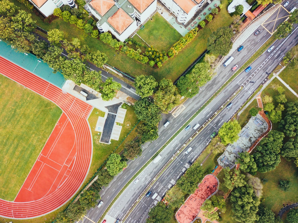 aerial view of track field near road