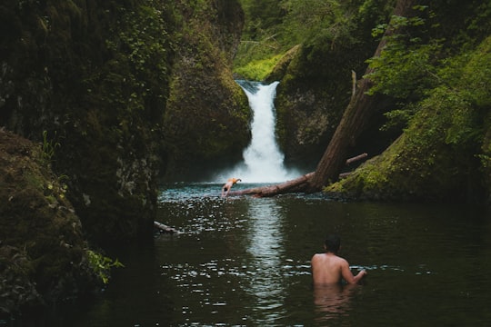 person on body of water near waterfalls during daytime in Punch Bowl Falls United States