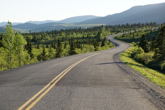 A winding road through a lush green landscape under a clear blue sky.