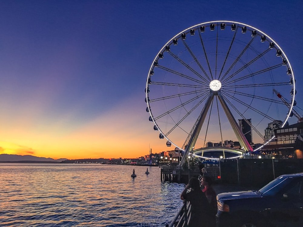 white and black Ferris wheel near body of water