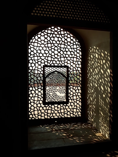 Close-up of a beautifully patterned terracotta jali casting intricate shadows on a sunlit wall.
