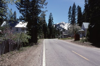 A quiet, rural road curves gently past houses with white roofs. Tall evergreen trees line both sides, and a snow-capped mountain is visible in the background under a clear blue sky.