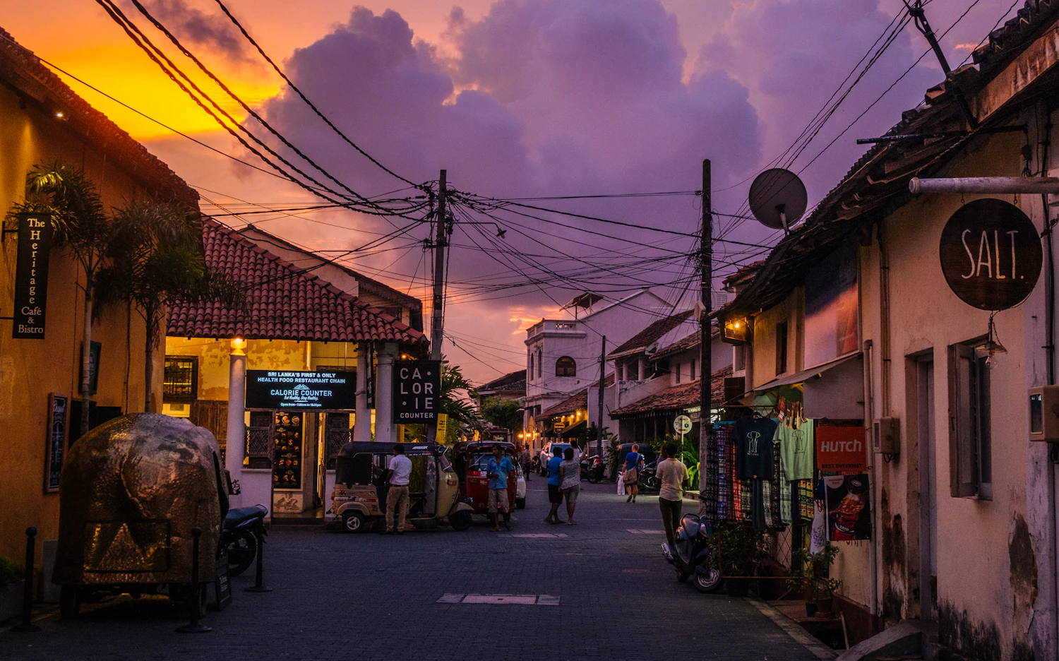 A quiet street inside Galle Fort at sunset