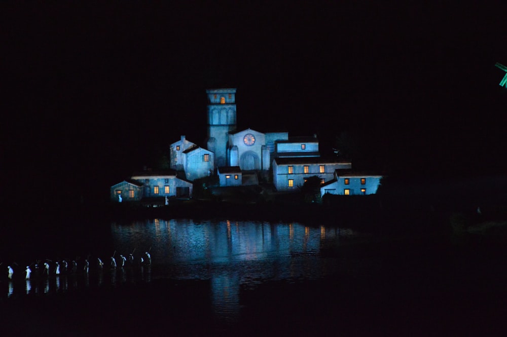 blue house during nighttime