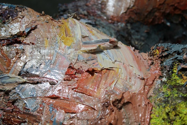 Thick, textured brushstrokes of oil paint in earthy tones and hints of yellow and blue create an abstract composition. The paint appears layered and mixed directly on the surface, resulting in a rich, tactile appearance.