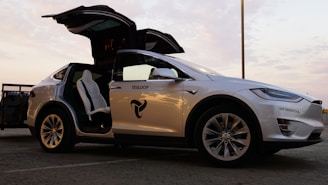 A white Tesla vehicle is pictured with its falcon-wing doors open, displaying a modern and sleek interior under a twilight sky. The car is parked on a concrete surface, visible in profile with branding on the door.