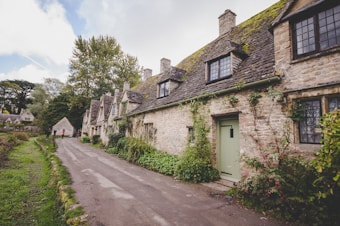 A row of charming stone cottages with steeply pitched roofs, covered with moss and vines. The cottages are set along a narrow road bordered by lush greenery. In the background, several large trees and a pathway with a few people walking create a tranquil, picturesque village atmosphere.