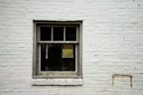 A single-pane window with a wooden frame set in a pale brick wall. The window has four sections and appears to be slightly weathered. Through the glass, a hint of greenery can be seen, suggesting an outdoor view or reflected foliage.