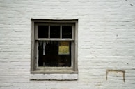 A single-pane window with a wooden frame set in a pale brick wall. The window has four sections and appears to be slightly weathered. Through the glass, a hint of greenery can be seen, suggesting an outdoor view or reflected foliage.